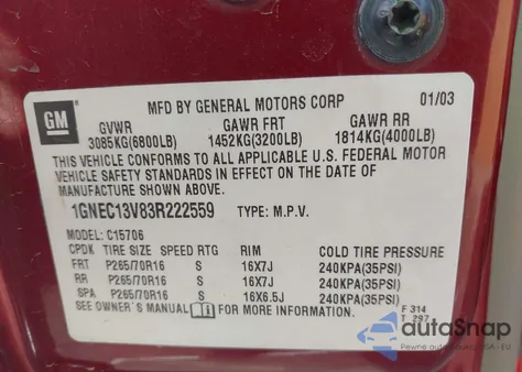 2003 Chevrolet Tahoe Ls z USA, uszkodzony, nr VIN 1GNEC13V83R222559